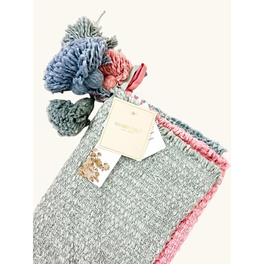 Shabby Chic Set of 3 Knit Christmas Stockings Pink Blue Sage Green NWT